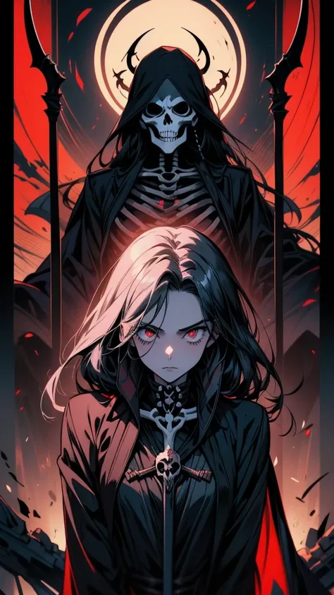 A painting of a girl holding a scythe and a skeleton, Daughter of death, Goddess of Death, The crazy girl brings death, Anime fantasy artwork, grim Reaper, Gap Moe Yandere Grimdark, Death of a woman, reminded me of the grim Reaper, Spectacular artwork of a...