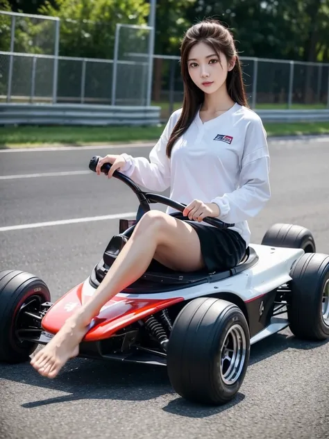 Racing Kart、circuit、(Highest quality)、((Very detailed))、4K、(8K)、masterpiece、Very detailedな、Highest quality、Super Resolution、1 person、Kind Face、Soft Light、RAW quality、Soft Skin、163cm、30 years old、Thighs、Calf