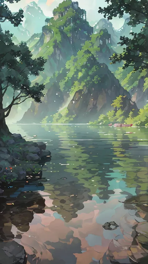 China, spring, jungle, lake, cave, fall, Tree, grassland, rock, deer, hot spring, water vapor, (illustration: 1.0), Epic creation, Realistic lighting, High resolution details, masterpiece, best quality, (Highly detailed CG Unity 8k wallpaper)