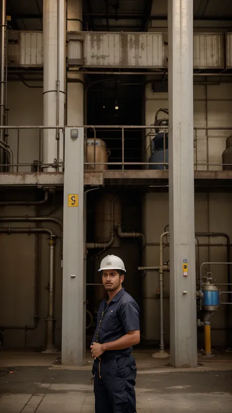 arafed worker standing in front of a machine with a sign, biroremediation plant, maintenance photo, engineer, industrial plant environment, photoshot, chemical plant, in a factory, backdrop, full protrait, environmental shot, the photo shows a large, full ...