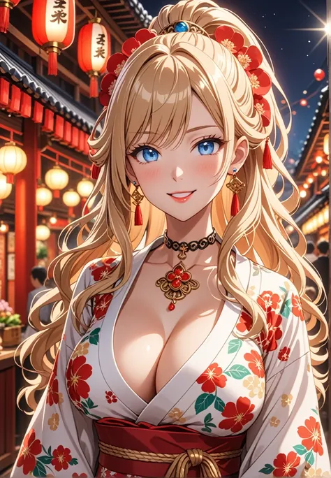 ((one girl)), Beautiful Face, (Laugh shyly), ((laugh:1.3)), ((Wink:1.4)), (Tilt your head:1.3), (Upper teeth), View your viewers, ((Bright red cheeks:1.6)),Glossy Red Lips, ((Big Breasts:1.4)) night, Shrine festival stalls, (Shining Face), ((Anime style ba...