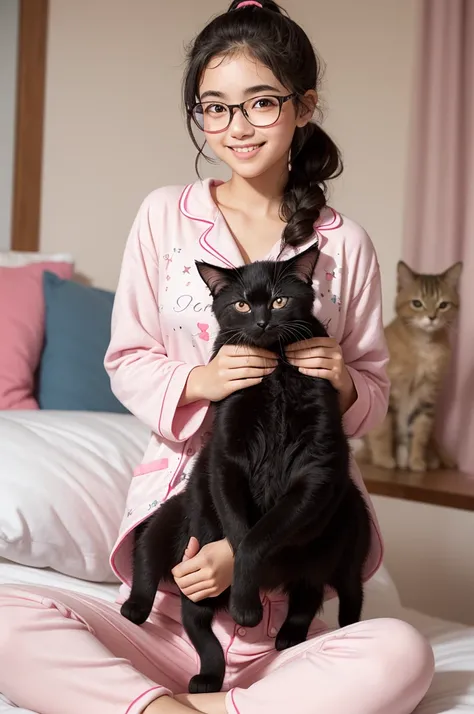 A girl, about 16 years old, black curly hair tied in a low ponytail. Thick, arched eyebrows, brown eyes, slightly full lips, red glasses. Smiling and Holding a kitten on her lap, sitting on the bed and wearing pink pajamas with star prints 