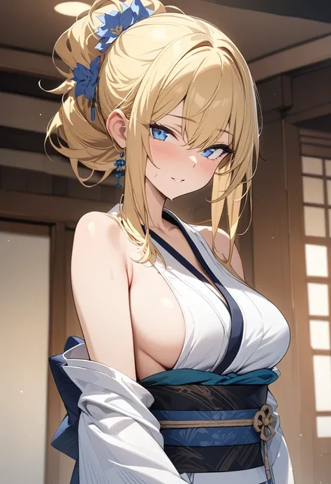 ((masterpiece)), (Highest quality), (Simple style), Blonde hair, blue eyes, bare shoulders, kimono, sash