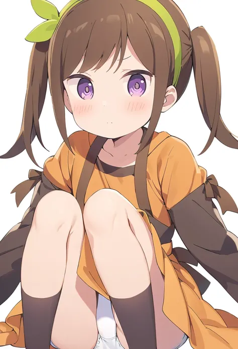 futaba,1girl,solo, brown hair, hairband, purple eyes, blush,looking at viewer, closed mouth, bangs, dress, green hairband,dress,twintails, white background, sitting, knees up, (white panties:1.5)
