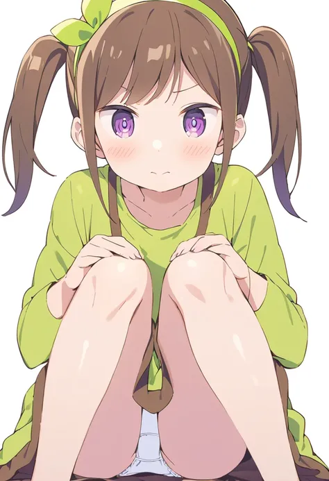 futaba,1girl,solo, brown hair, hairband, purple eyes, blush,looking at viewer, closed mouth, bangs, dress, green hairband,dress,twintails, white background, sitting, knees up, (white panties:1.5)
