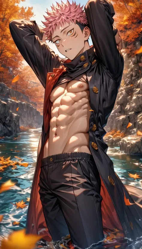 Ultra detailed, highres, absurdres, HDR, master piece, Itadori Yuuji, pink hair, short bangs, expressive brown eyes, Jujutsu Kaisen, water, autumn, petals, orange and yellow leaves, sexy man, solo, handsome, black shirt, black long coat, black pants, toned...