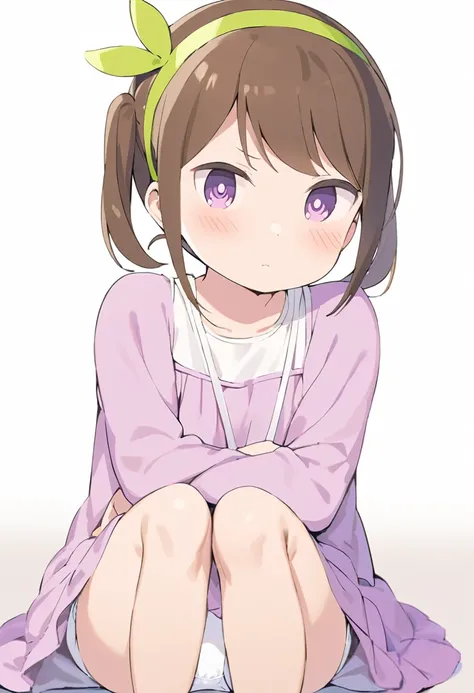 futaba,1girl,solo, brown hair, hairband, purple eyes, blush,looking at viewer, closed mouth, bangs, dress, green hairband,dress,twintails, white background, sitting, knees up, (white panties:2)
