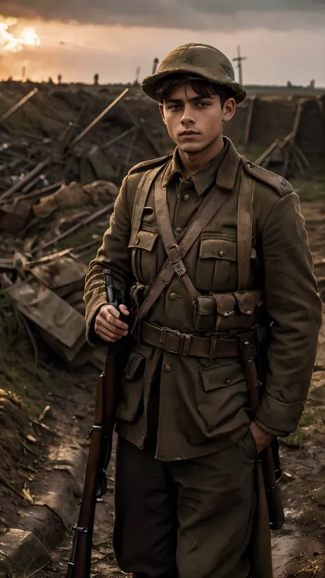 (masterpiece), best quality, expressive eyes, perfect face, cliffs, man, trenches, dirty, uniform, realistic, HD, holding Rifle, Enfield rifle, Somme, trench warfare, bayonet, dusk, explosion, bombarded, Harry Styles, stock rifle