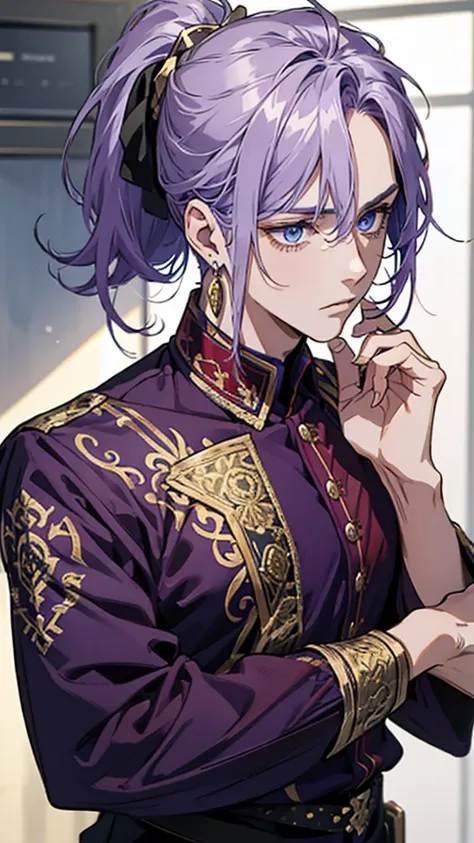 Adult male, purple hair, blue eyes, ponytail, red and gold mosaic shirt, silver earrings, front view, upper body