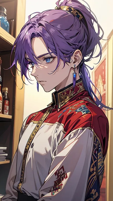 Adult male, purple hair, blue eyes, ponytail, red and gold mosaic shirt, silver earrings, front view, upper body