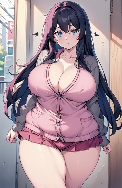 High detailed, 1 woman, extremely large hair, tfft, turkish-rose hair, arctic-blue colored eyes, big And round buson, sexy gorgeous plump body, Black Cardigan, pink undershorts, strong, Very expressive eye, looking to the viewer