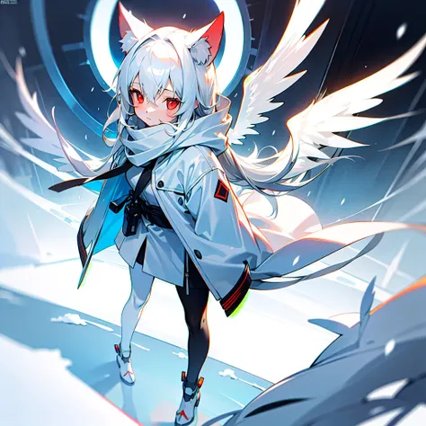 masterpiece, highest quality, highest resolution, clear_image, detailed details, White hair, long hair, cat ears, 1 girl, red eyes, white hoodie, black pantyhose, white scarf (white scarf around the neck with a light blue glow), gray futuristic halo (gray ...