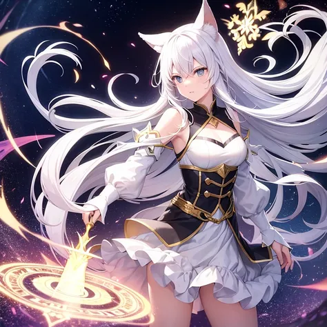 White haired girl with cat ears, light battle armor and with a florere on his waist, surrounded by a magic circle 