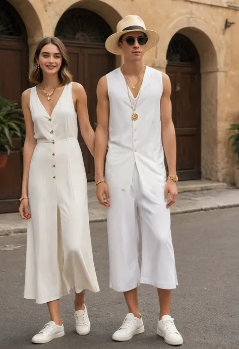 candid fashion photography of young man and woman, both aged 20 year old, ((showcase fashion look book in a White rayon outfits)), inspired by Zaras resort collection 2020 in elegant young bohemian style. The man wears an oversized short-sleeved bowling wh...