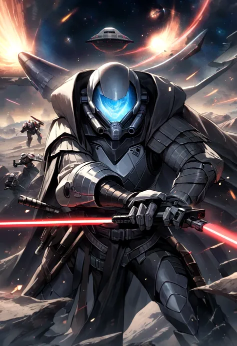 In a galaxy far, far away，A planet shining brightly，Huge interstellar battleships shuttle through，Laser sword flashing，Jedi Knights and Sith Knights fighting fiercely，Stormtroopers in strange armor line up neatly，A spectacular space battle is taking place，...