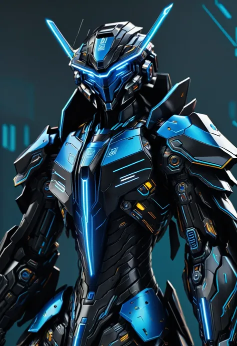 black mecha with neon blue details, highlighting circuits and components, delegate mecha, neon daggers, mecha helmet with visor,...