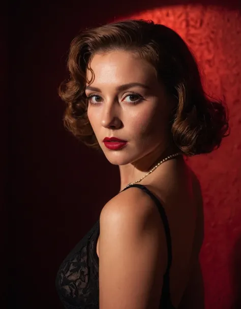 A photo oF a (woman with vintage glamor:1.3), (rich red lighting:1.2), (shadow play on Face:1.4), retro hairstyle, (intense look:1.3), (mystery in his expression:1.2), textured background, (Film noir inspiration:1.3), deep contrasts, (sensual atmosphere:1....