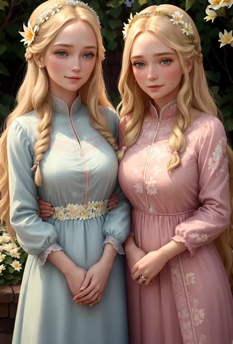 Anna, who appears older with gentle wrinkles around her warm green eyes and a serene expression, has long, wavy blond hair and wears a pink dress with a floral pattern. She gently places a hand on Lilys shoulder. Lily, with her long blond hair, sparkling b...