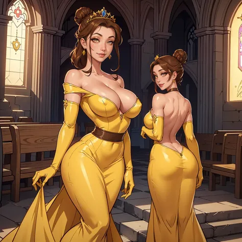 BelleXLP, ((brown hair, hair bun, tiara, glowing brown eyes, lipstick, makeup, narrow waist, skinny, medium breasts, alone, jewelry, earrings)), pelvic curtain, ((yellow dress, bare shoulders, cleavage, gloves)), full body, perfect body, (insanely detailed...