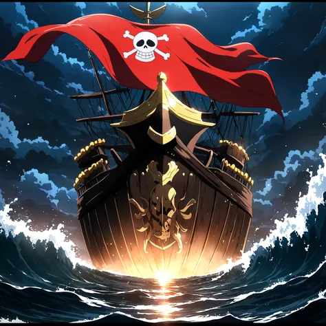 Pirate Galleon,Dark wood with red accents,Red flag with a red skull with black horns,Black sails,Stormy ocean background,Anime features inspired by One Piece,Drenched in dramatic and incredible lighting,Dramatic lighting,Infused with creative details,Ultra...