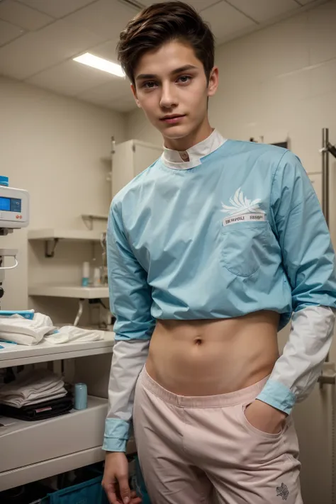 A beautiful young male twink with a face with reddish makeup. He has black hair. He is wearing a long-sleeved, white, printed shirt and aqua blue pants. He is in the surgical operating room, with medical equipment and medical instruments behind him, and be...