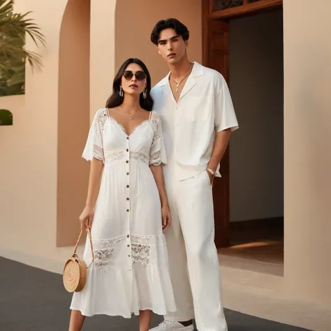 candid fashion photography of young man and woman, both aged 20 year old, ((showcase fashion look book in a White rayon outfits)), inspired by Zaras resort collection 2020 in elegant young bohemian style. The man wears an oversized short-sleeved bowling wh...