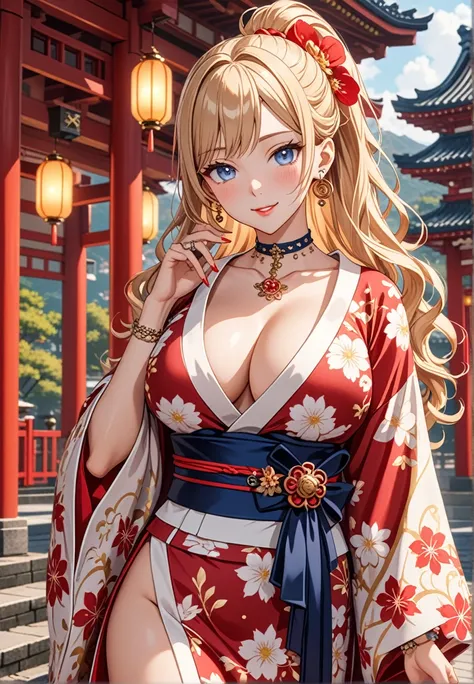 ((one girl)), Beautiful Face, (Laugh shyly), ((laugh:1.3)), ((Wink:1.4)), (Tilt your head:1.3), (Upper teeth), View your viewers, ((Bright red cheeks:1.6)),Glossy Red Lips, ((Big Breasts:1.4)) night, Shrine grounds, (Shining Face), ((Anime style background...