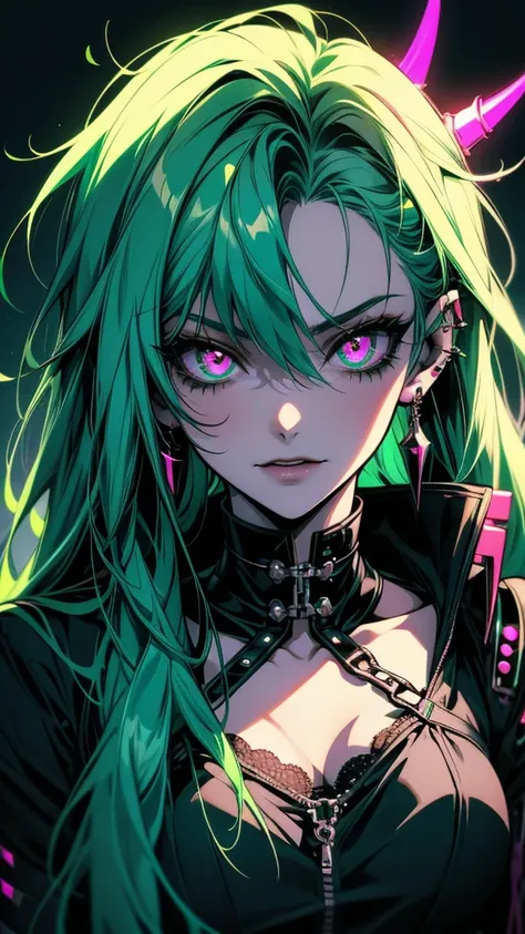 Close-up of a person with green hair and piercings, Anime Monster Girl, [[[[smile wickedly]]]], Dark Neon Punk, 1 7 year old anime goth girl, Devil Anime Girl, mikudayo, portrait Gap Moe Yandere Grimdark, Gap Moe Yandere Grimdark, Neon and dark, Nightcore