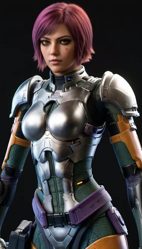 professional 3d model cinematic scene, sabine wren, silver armor (huge breasts), ghost in the shell, detailed background, master...