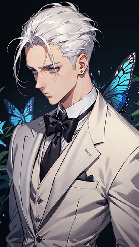 Adult man, white hair, silver eyes, slicked back, styled hair, silver suit, black tie, butterfly tie pin, silver earrings, front view, upper body