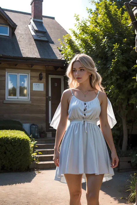 A beautiful woman with light delicately filtering through her hair, her summer dress is beautiful and shes standing in front of a cottage