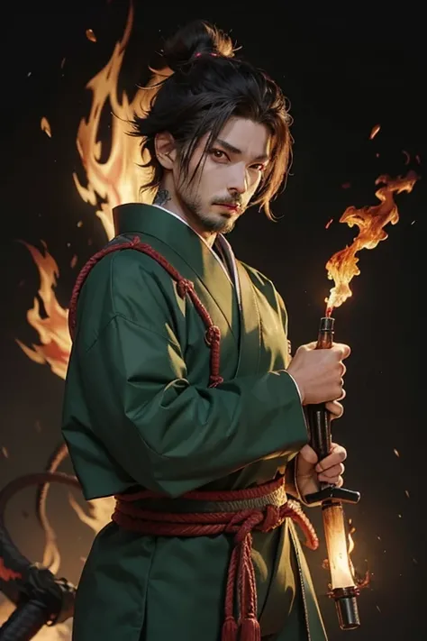 A man in a green samurai costume with flames coming from his eyes., Hold the gun.