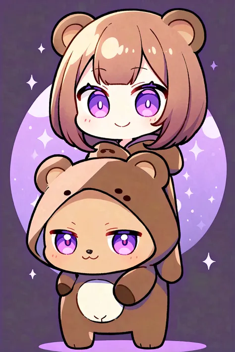 smile、smile、bangs bangs、Bangs、Crisp bangs、long brown hair、Wearing a dark brown bear hood、茶髪ロングのChibi Character、Wearing a dark brown bear ear hooded blanket、Purple Eyes、Purple betta background、Chibi Character、Holding a teddy bear