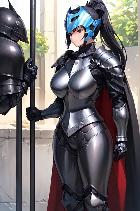 (masterpiece; best quality: 1.2), ((full armored knight woman)), ((solo)), (black eyes: 1.4), (body; toned, strong, femenine: 1....