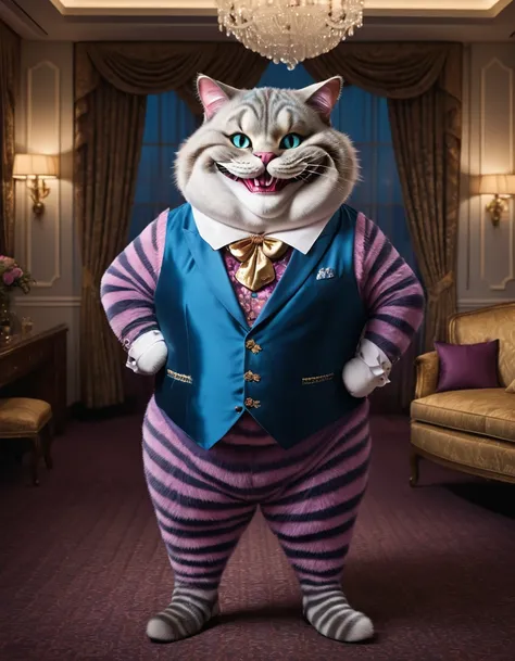 photorealistic portrait of Dressed animals-a ((fat))  ((Cheshire cat)) dancer,(furry), (elegant pose:1.5), (hands on hips:1.5),(happy smile:1.5),high quality,(happy),(lovely) ,intricate details, Wearing bustier, (), highly detailed ((bustier)) ,highly deta...