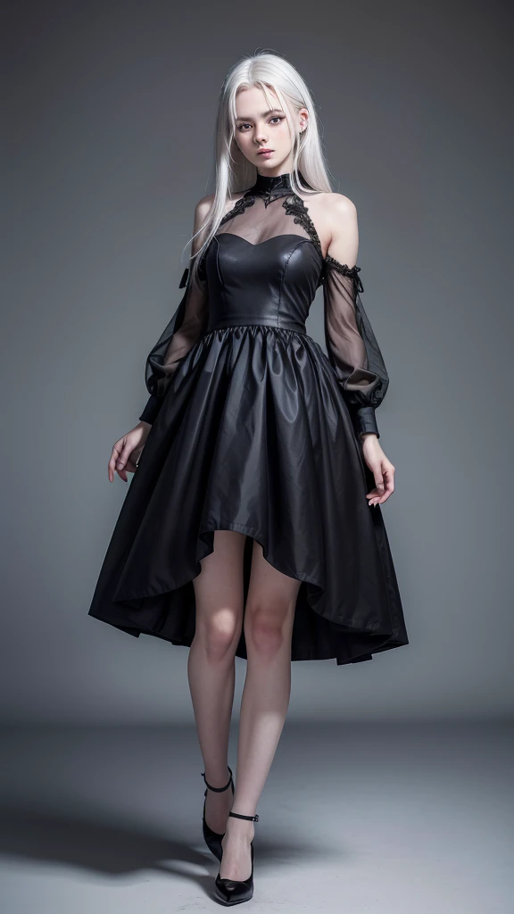 female teenager with white hair, white skin and blue eyes with black dress full body 