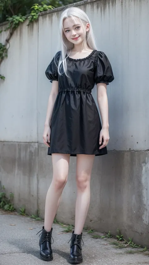 female teenager with white hair, white skin and blue eyes wearing short black dress and smiling full body 