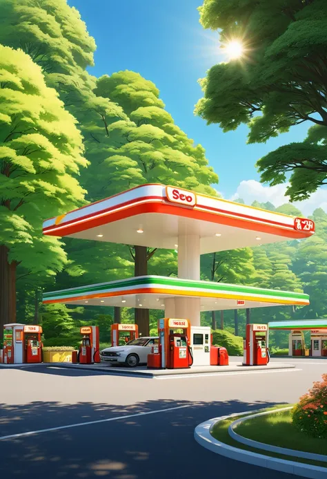 Seizo Watase style, a gas station illuminated by the summer sun, a landscape surrounded by green trees, pop design, and warm colors