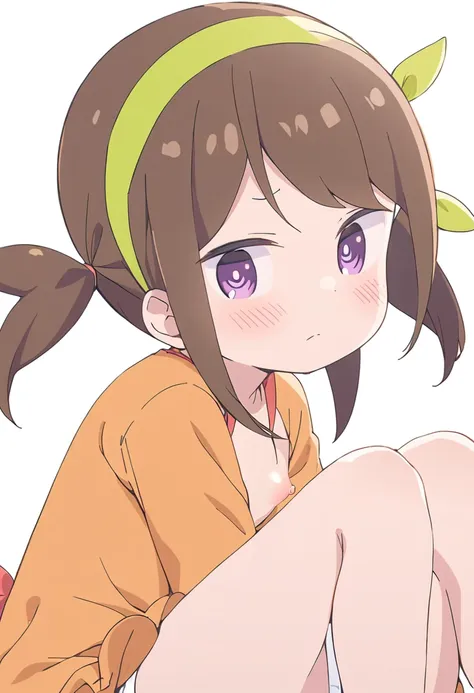 futaba,1girl,solo, brown hair, hairband, purple eyes, blush,looking at viewer, closed mouth, bangs, dress, green hairband,dress,twintails, white background, sitting, knees up, (white panties:1.35), (nipples:1.25)
