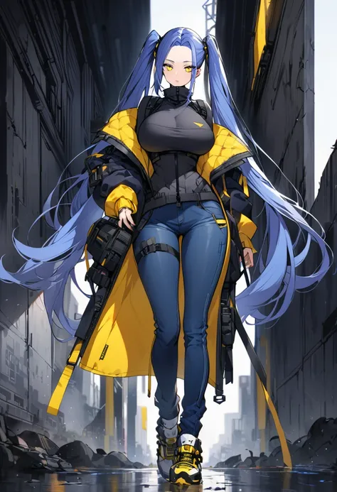 (One very tall woman,Navy Blue Hair,Her hairstyle is twin tails that expose her forehead.,Large Breasts,yellow eyes)Techwear,Jeans pants