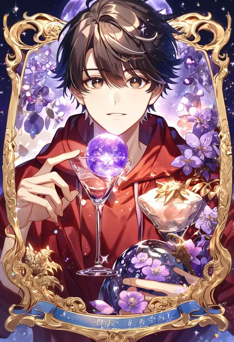 absurdres, highres, ultra detailed, HDR, master piece, best quality, extremely detailed, Kaidou Ren, black brown hair, expressive brown eyes, Super Lovers, solo, man, handsome, red hoodie, magical, fantasy, glittering, sparkling, glass, purple flowers, pur...