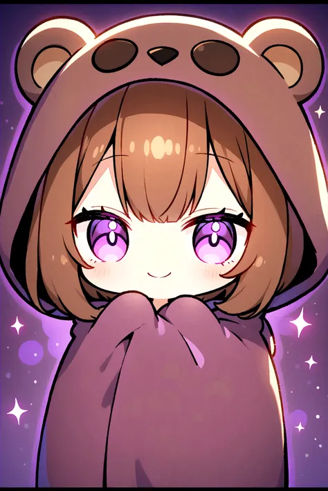 smile、smile、bangs bangs、Bangs、Crisp bangs、long brown hair、Wearing a dark brown bear hood、茶髪ロングのChibi Character、Wearing a dark brown bear ear hooded blanket、Purple Eyes、Purple betta background、Chibi Character、Holding a teddy bear