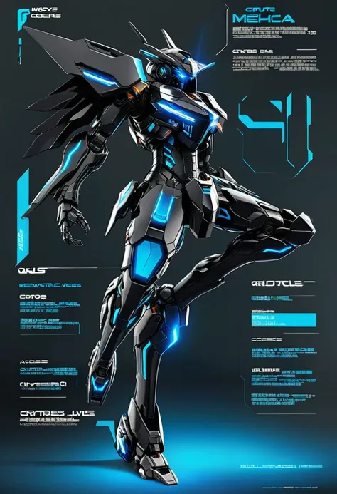 full body Black mecha with neon blue details, highlighting circuits and components, delegate mecha, neon daggers, mecha helmet with visor, light and flexible mecha armor with binary codes, long and thin mecha arm with metallic fingers, robust and articulat...