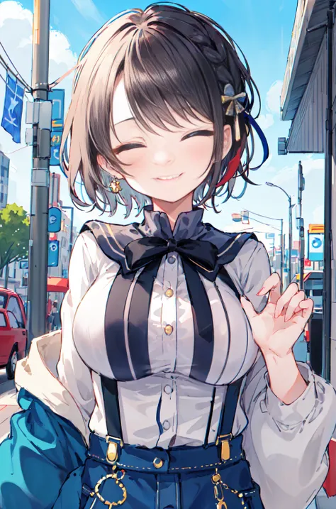 2D, masterpiece, Highest quality, anime, Very detailed, One girl, alone, subaru_suspenders, subaru_suspenders, French Braid, Blue jacket, Grey Shirt, Black bow tie,  Outdoor, smile 、Eyes closed、A big smile、Close-up of face、breast enhancement