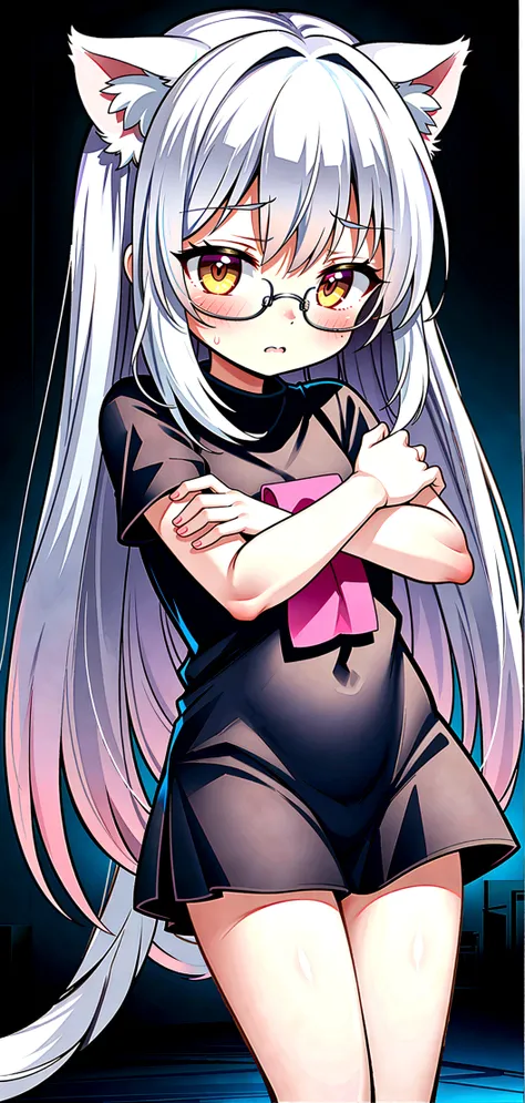 that has a fearful face, white hair, cat ears, yellow glasses and transparent super blushing pink eyes that has a towel around it and is in spaghetti and has a cat tail that is a super fearful girl