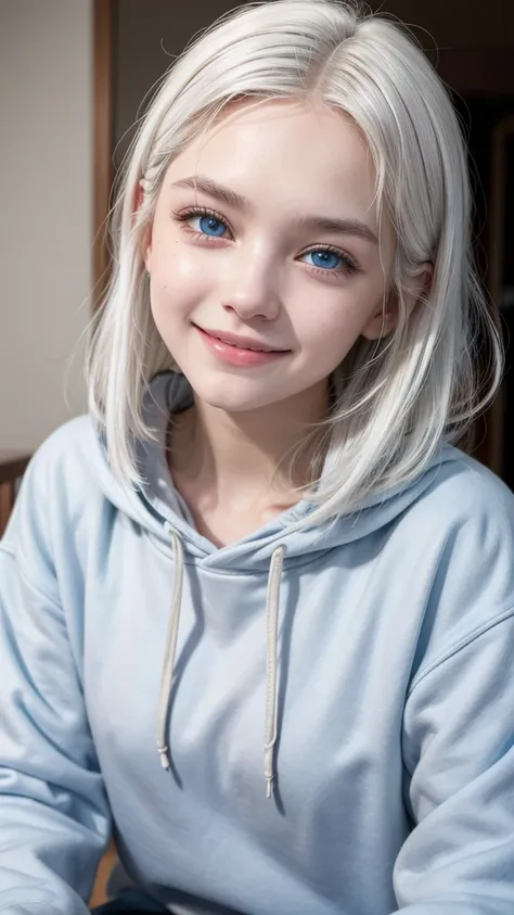 female teenager with white hair, white skin and blue eyes with brown sweatshirt smiling 