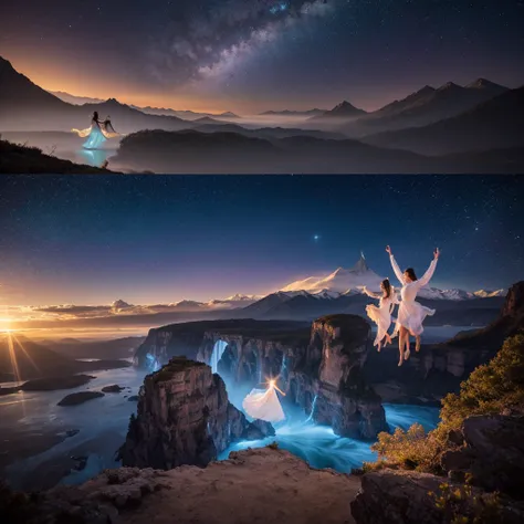 "A celestial landscape featuring three lovely, beautiful women floating gracefully. The scene is dreamy and serene, with light trails and star effects creating a heavenly atmosphere. The women seem weightless, their movements fluid and serene.