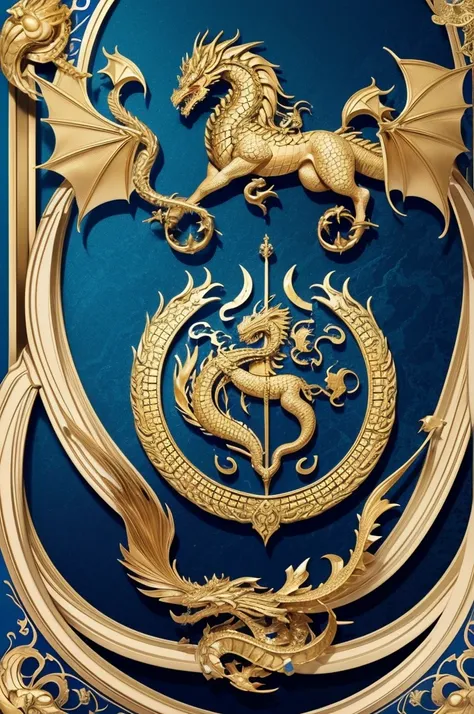 coat of arms inspired by the house of the dragoon series with a golden dragon in the middle with scales and a blue background reflecting the sea 