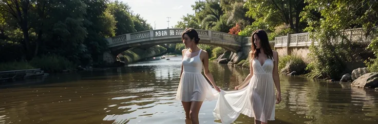  masterpiece, best quality, 1girl, solo, delicate face, white-skinned female, see-through silhouette, white dress, full body,outdoor,,on bridge,over a river,floating_hair