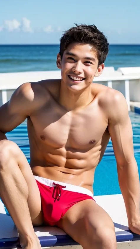 male Age 21 swimwear lifeguard topless smile